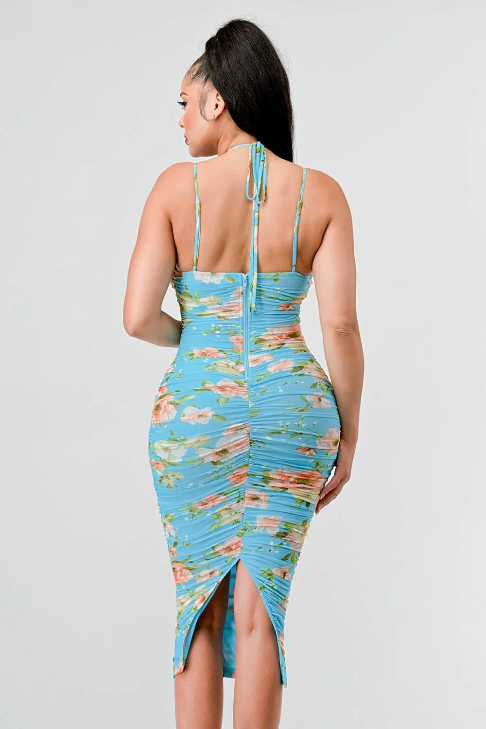 FLORAL MESH PRINT BACK SLIT RUCHED MIDI DRESS sold by privy product image thumbnail 3