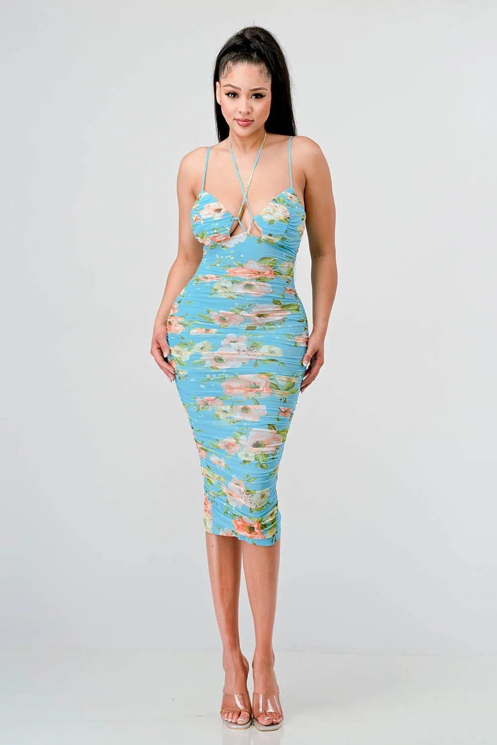 FLORAL MESH PRINT BACK SLIT RUCHED MIDI DRESS sold by privy product image thumbnail 5