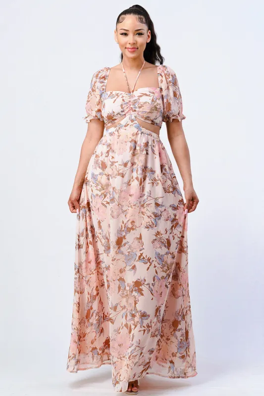 VINTAGE FLORAL SWEETHEART HALTER NECK MAXI DRESS sold by privy