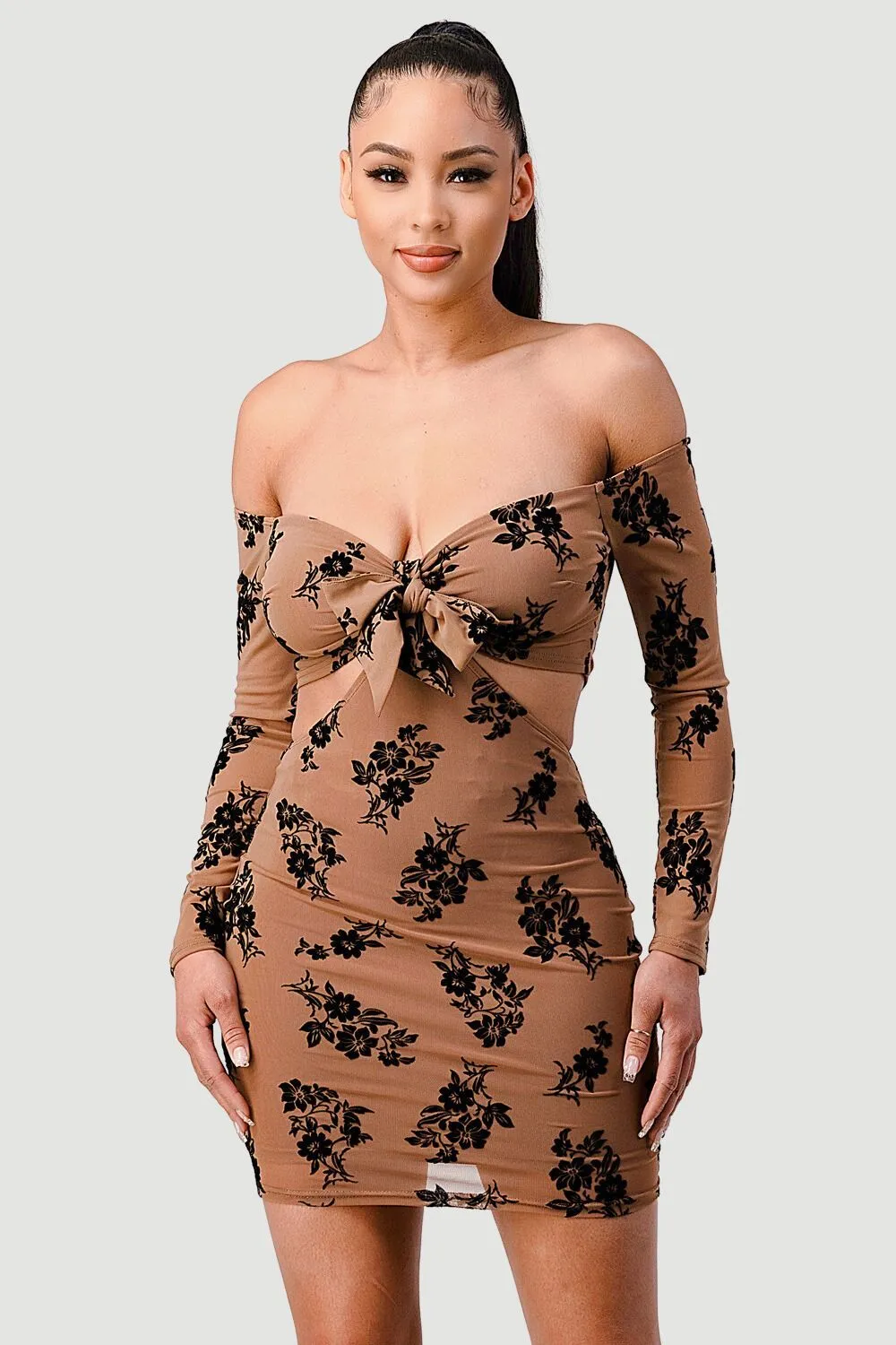 PD71716K-W / VELVET FLOCKING OFF SHOULDER SIDE CUTOUTS DRESS sold by privy