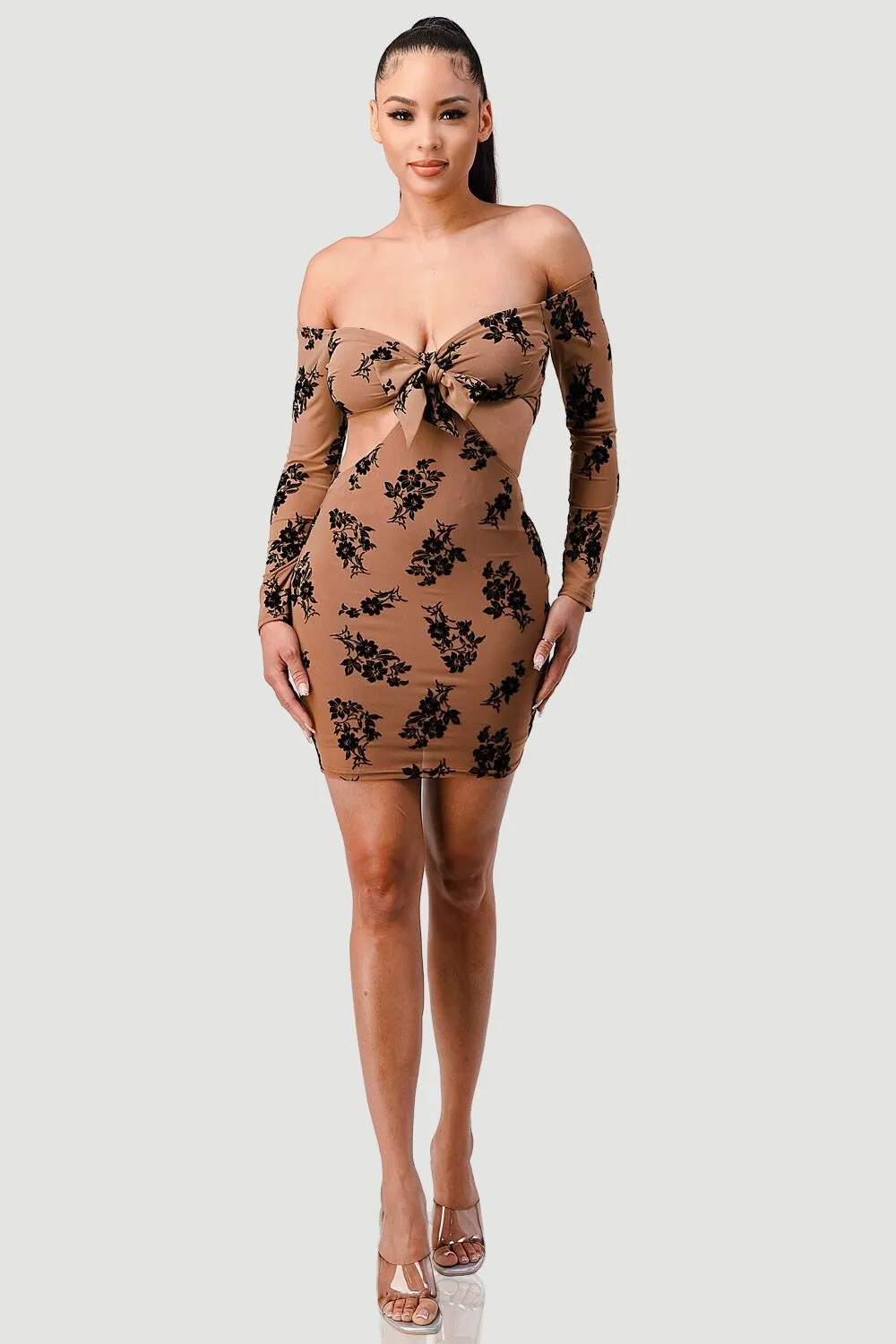 PD71716K-W / VELVET FLOCKING OFF SHOULDER SIDE CUTOUTS DRESS sold by privy product image thumbnail 5