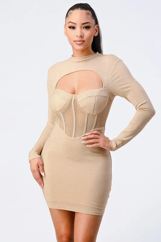 METALLIC SEE-THROUGH RIBBED CUT-OUT BODYCON DRESS sold by privy