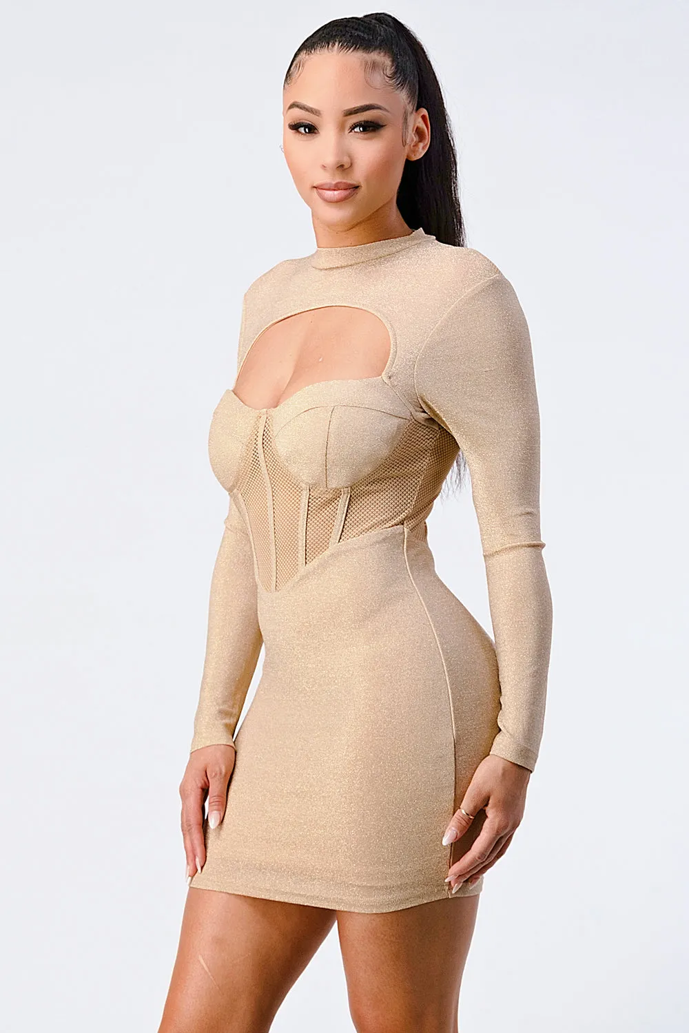 METALLIC SEE-THROUGH RIBBED CUT-OUT BODYCON DRESS sold by privy product image thumbnail 3