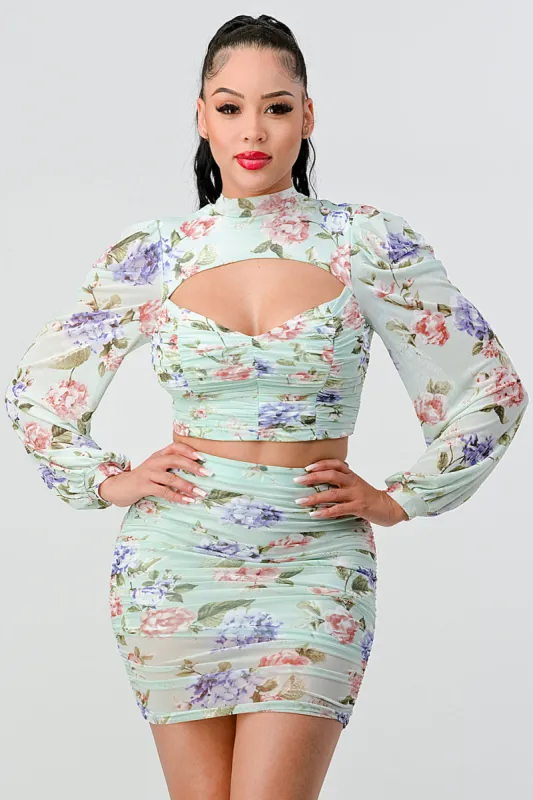 FLORAL MESH RUCHED CUTOUT CROPPED TOP & SKIRT SETS sold by privy