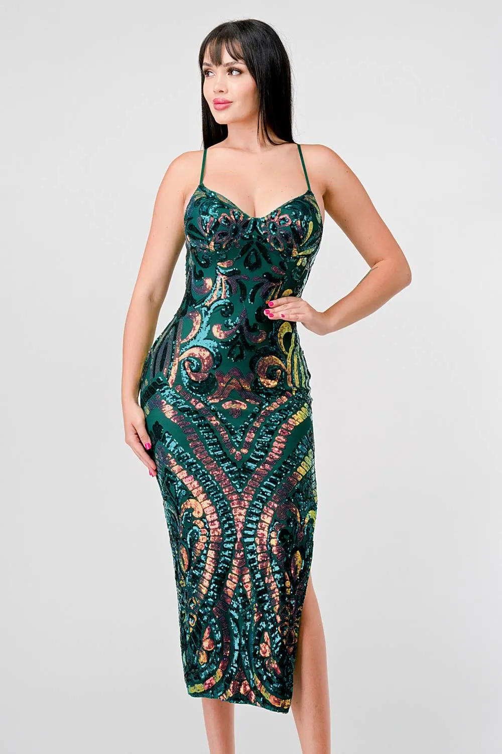 LUXE SEQUINS SWEETHEART BODYCON SLITTED MIDI DRESS sold by privy