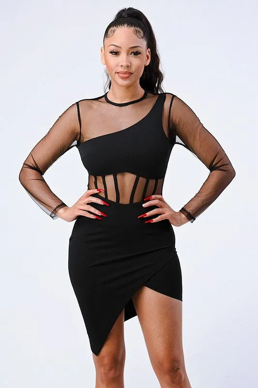 LUX SEE-THRU ASYMMETRICAL HI-LOW HEM BODYCON DRESS sold by privy