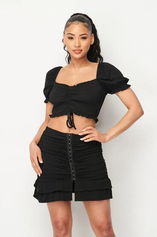 PS8543K-W / FLIRTY RUCHED TOP AND CORSET SKIRT SET sold by privy