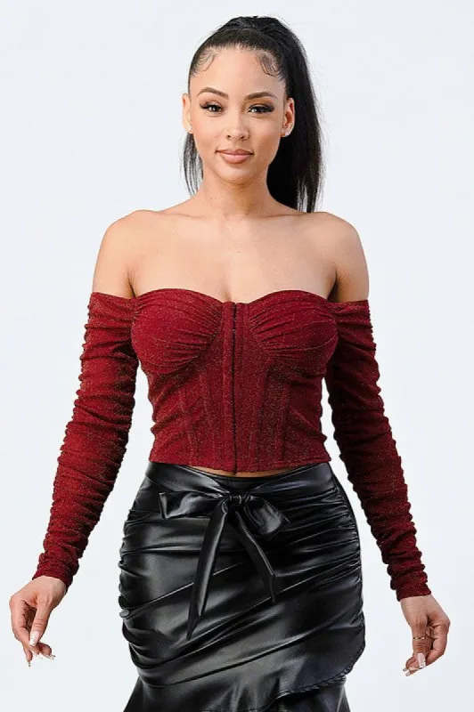 GLITTER OFF SHOULDER RUCHED BUSTIER TOP sold by privy