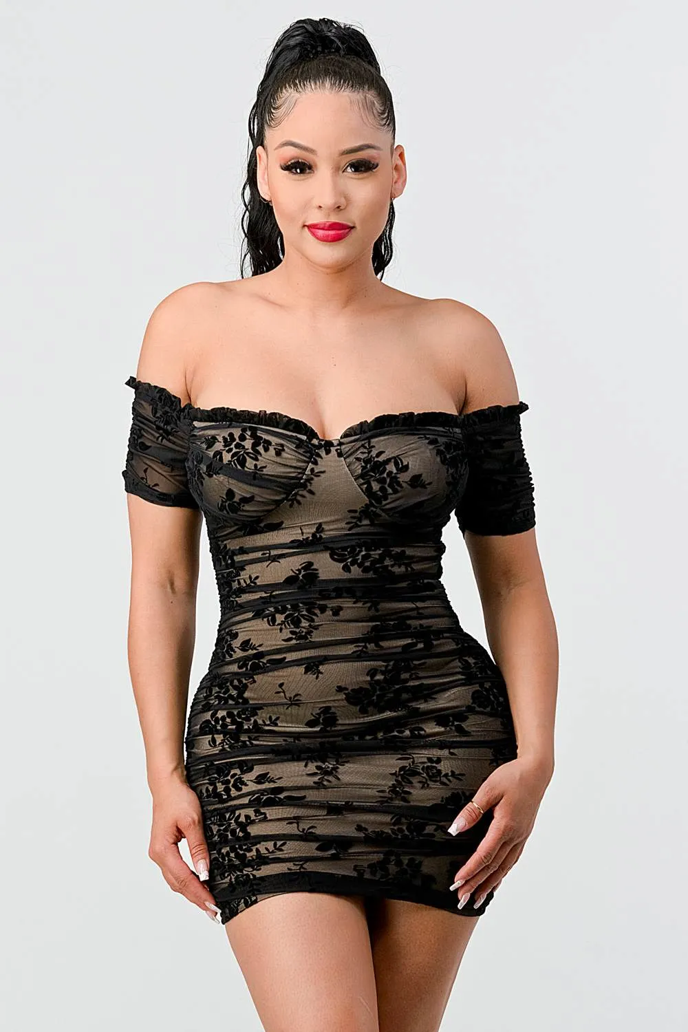 PD72499N-W / LUXE FLORAL FLOCKING LACE OFF SHOULDER MINI DRESS sold by privy