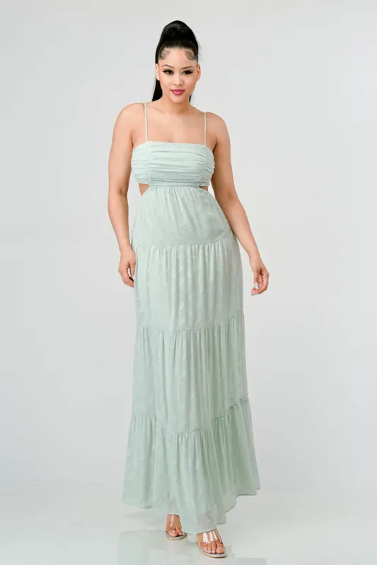 TEXTURE BACK TIE SLEEVELESS SIDE TIERED MAXI DRESS sold by privy