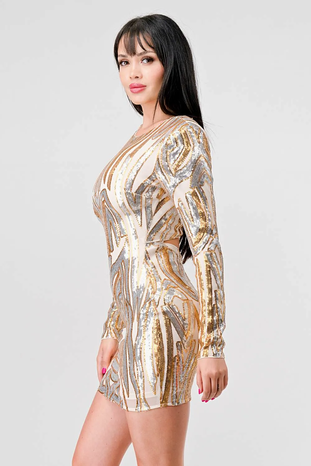 LUXE SEQUINS OPEN BACK LONG SLEEVES MINI DRESS sold by privy product image thumbnail 3