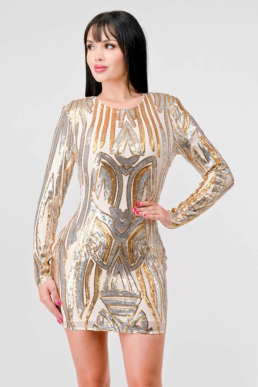LUXE SEQUINS OPEN BACK LONG SLEEVES MINI DRESS sold by privy