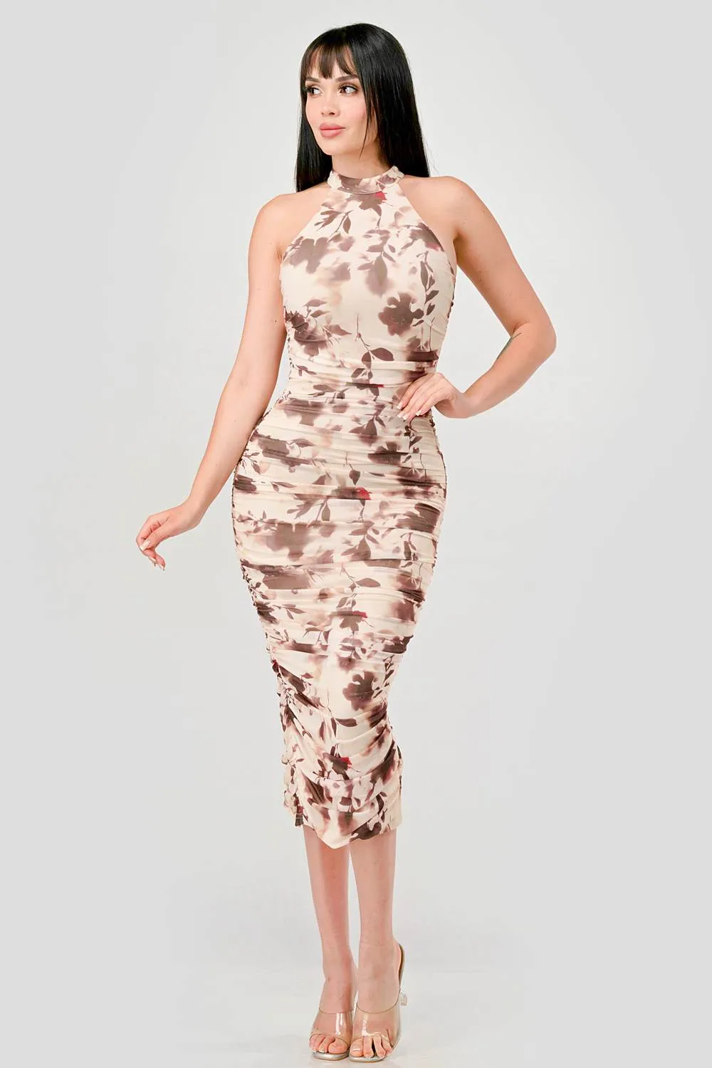 PD77301ETP-W / LUXE FLORAL PRINT MESH HALTER RUCHED MIDI DRESS sold by privy