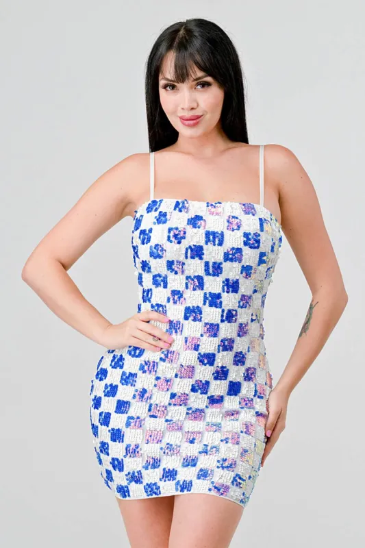 LUXE CHECK PATTERN SEQUINS BODYCON MINI DRESS sold by privy