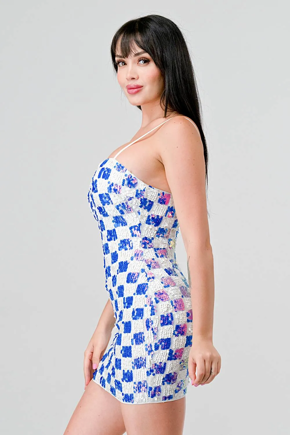 LUXE CHECK PATTERN SEQUINS BODYCON MINI DRESS sold by privy product image thumbnail 2