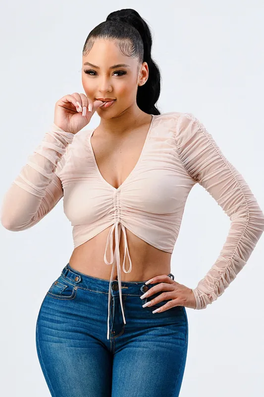 LUX SCOOP NECK MESH RUCHED KNOT CROP TOP sold by privy