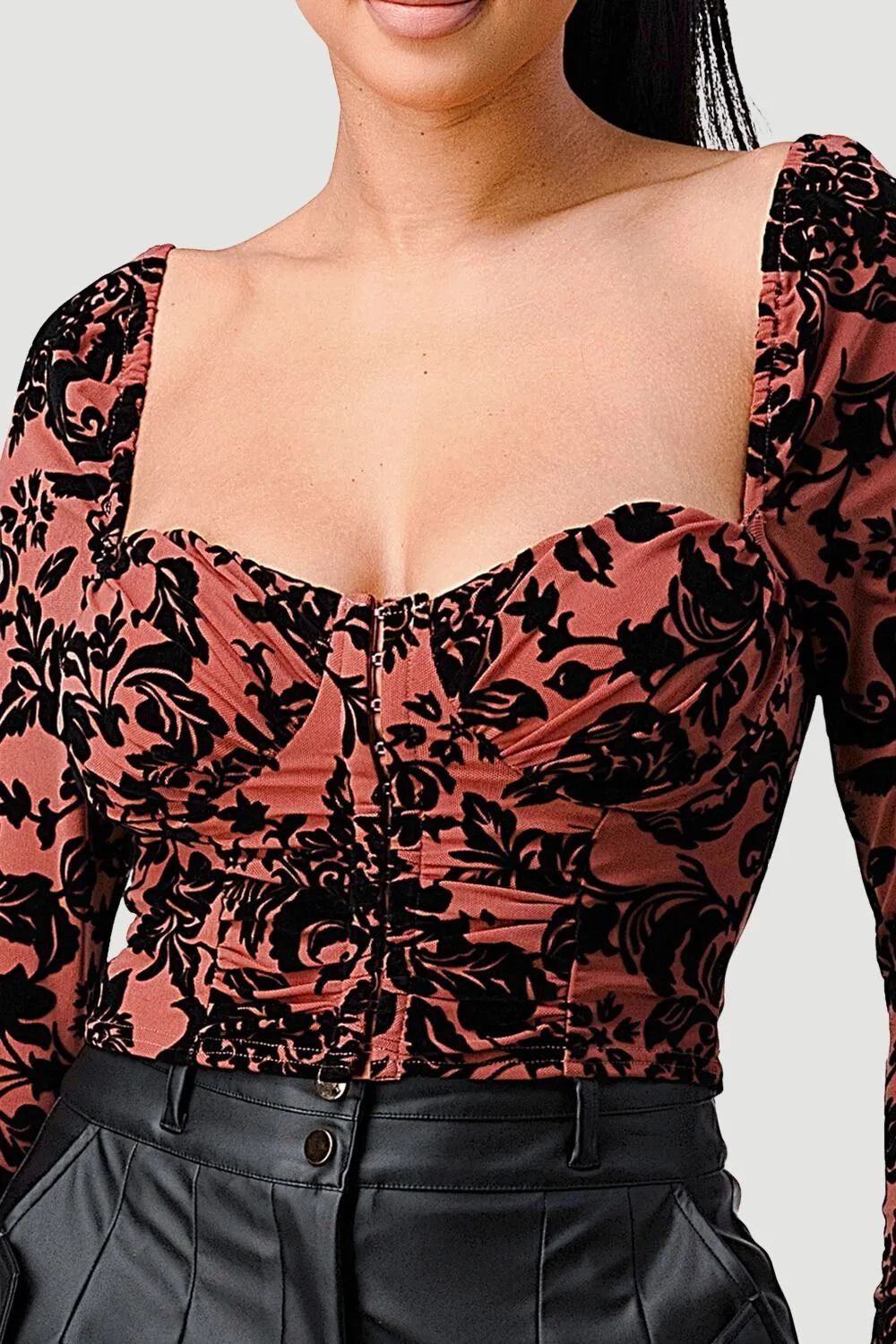 LUXE FLORAL VELVET FLOCKING SWEETHEART CROP TOP sold by privy product image thumbnail 5