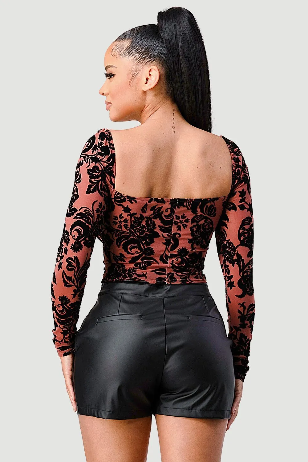 LUXE FLORAL VELVET FLOCKING SWEETHEART CROP TOP sold by privy product image thumbnail 3