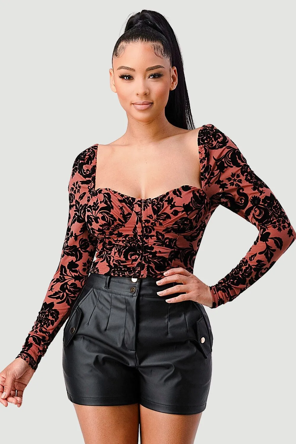 LUXE FLORAL VELVET FLOCKING SWEETHEART CROP TOP sold by privy