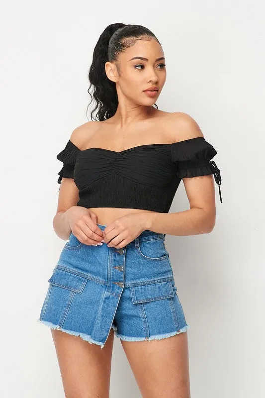 TEXTURED CHIFFON SMOCKED OFF SHOULDER CROPPED TOP sold by privy
