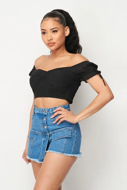 TEXTURED CHIFFON SMOCKED OFF SHOULDER CROPPED TOP sold by privy product image thumbnail 2