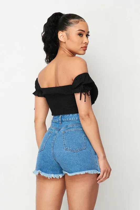 TEXTURED CHIFFON SMOCKED OFF SHOULDER CROPPED TOP sold by privy product image thumbnail 3