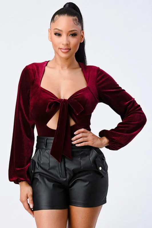 SEXY VELVET FRONT RIBBON CUT-OUT BODYSUIT sold by privy