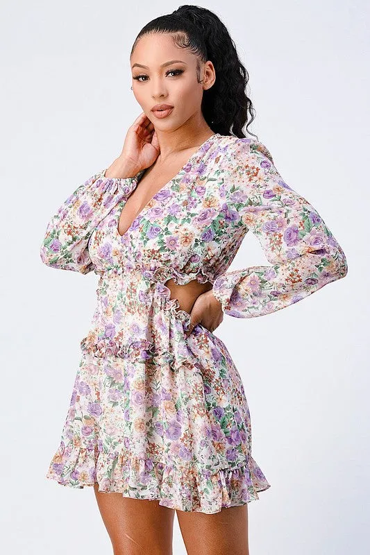 FLORAL PRINT DEEP-V SIDE CUT-OUT RUFFLED DRESS sold by privy product image thumbnail 2