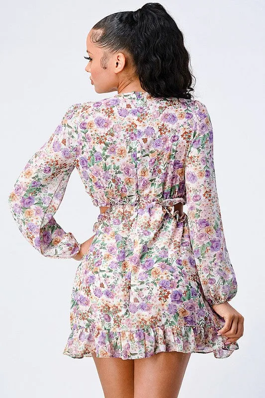 FLORAL PRINT DEEP-V SIDE CUT-OUT RUFFLED DRESS sold by privy product image thumbnail 3