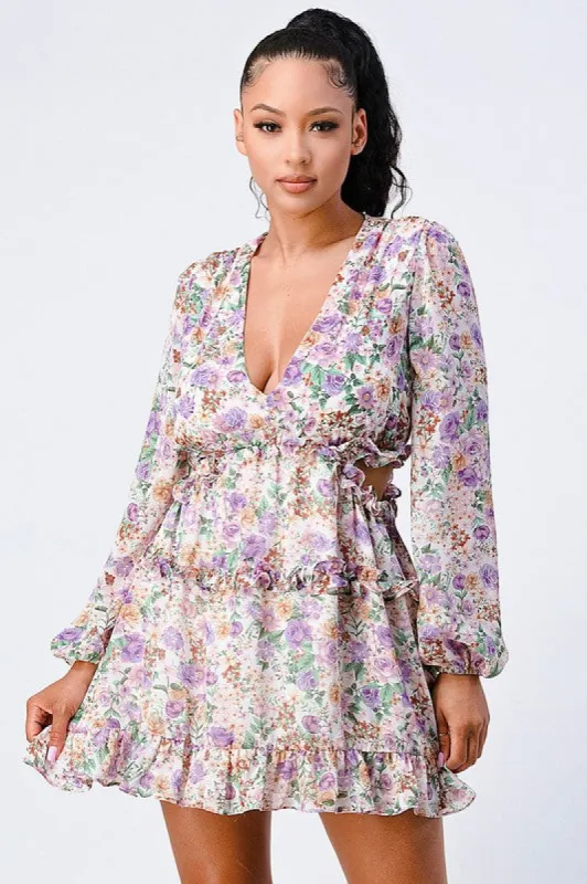 FLORAL PRINT DEEP-V SIDE CUT-OUT RUFFLED DRESS sold by privy