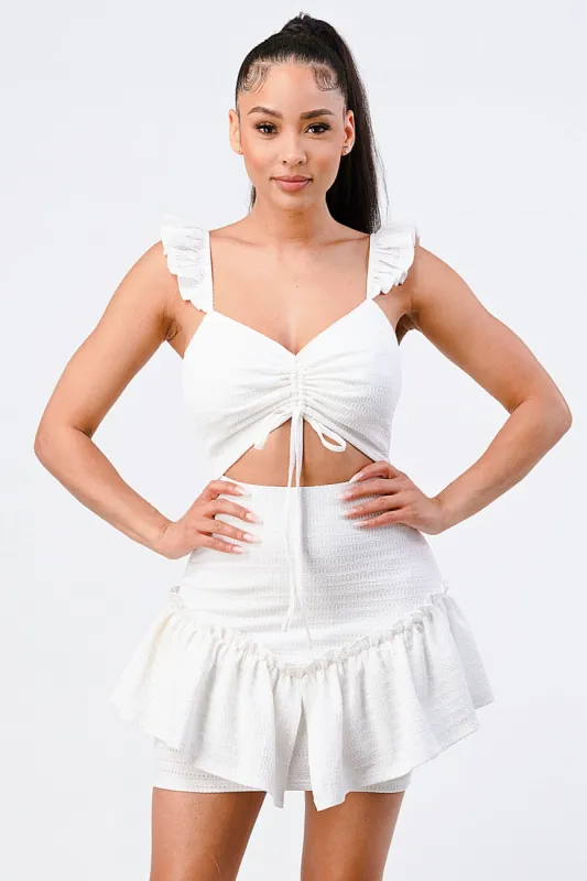 WAFFLED KEYHOLE RUFFLED FLUTTER SLEEVES MINI DRESS sold by privy