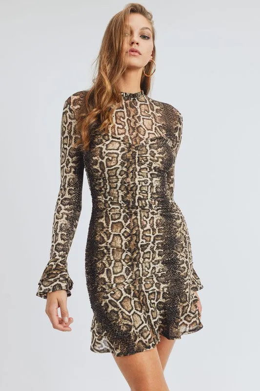WILD LEOPARD PUFF LONG SLEEVE RUCHED DRESS sold by privy
