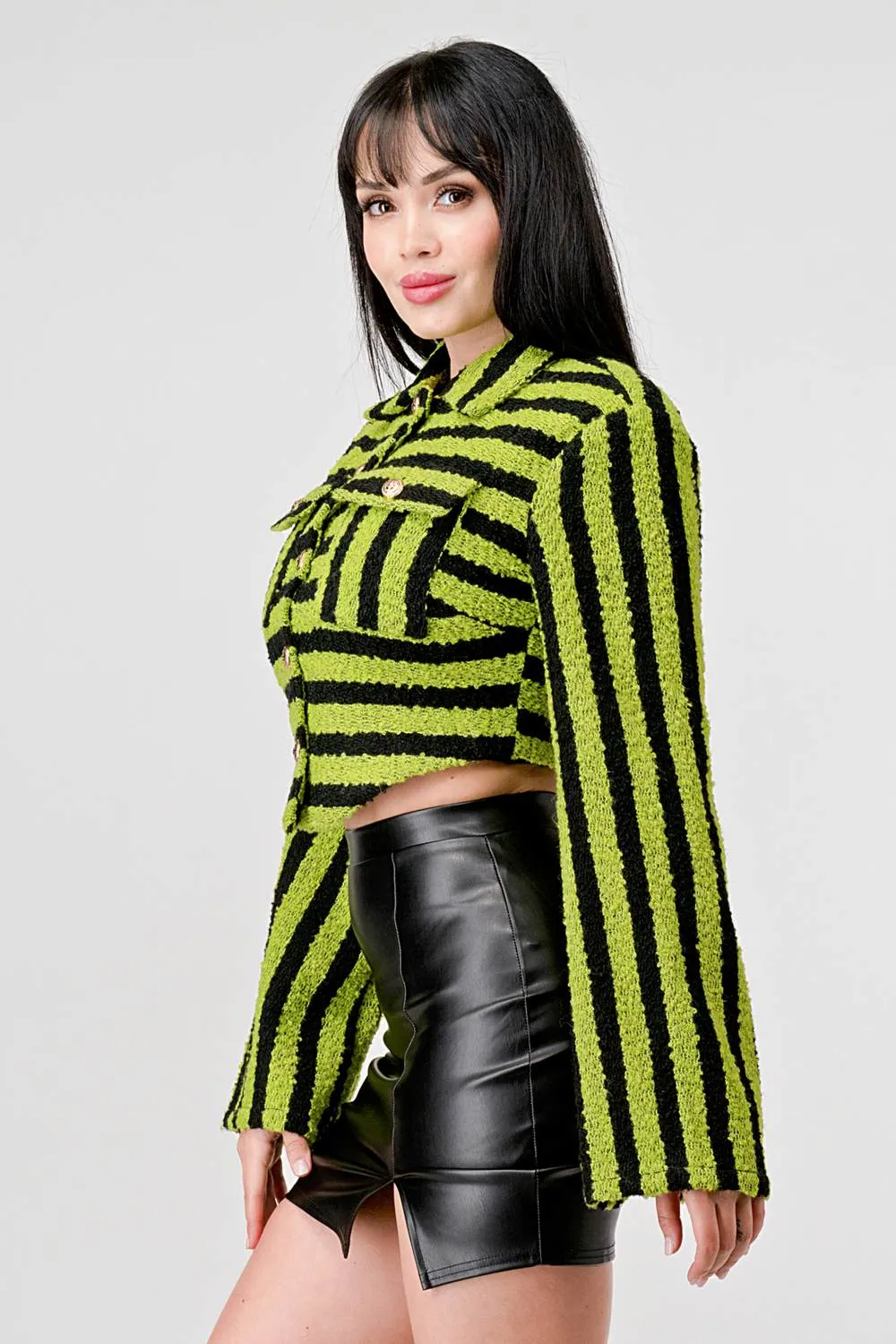 LUXE TWEED STRIPE BUTTON FRONT CURVED HEM JACKET sold by privy product image thumbnail 2