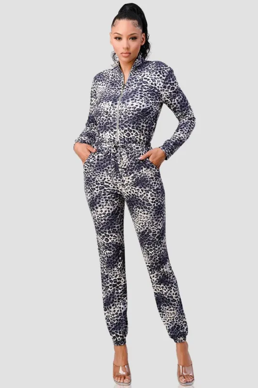 SEXY STRETCH LEOPARD ZIP-UP CINCHED WAIST JUMPSUIT sold by privy