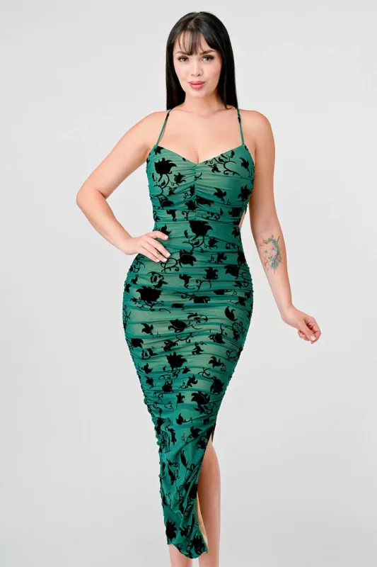 CLASSY MESH VELVET FLOCKING SIDE SLIT MIDI DRESS sold by privy