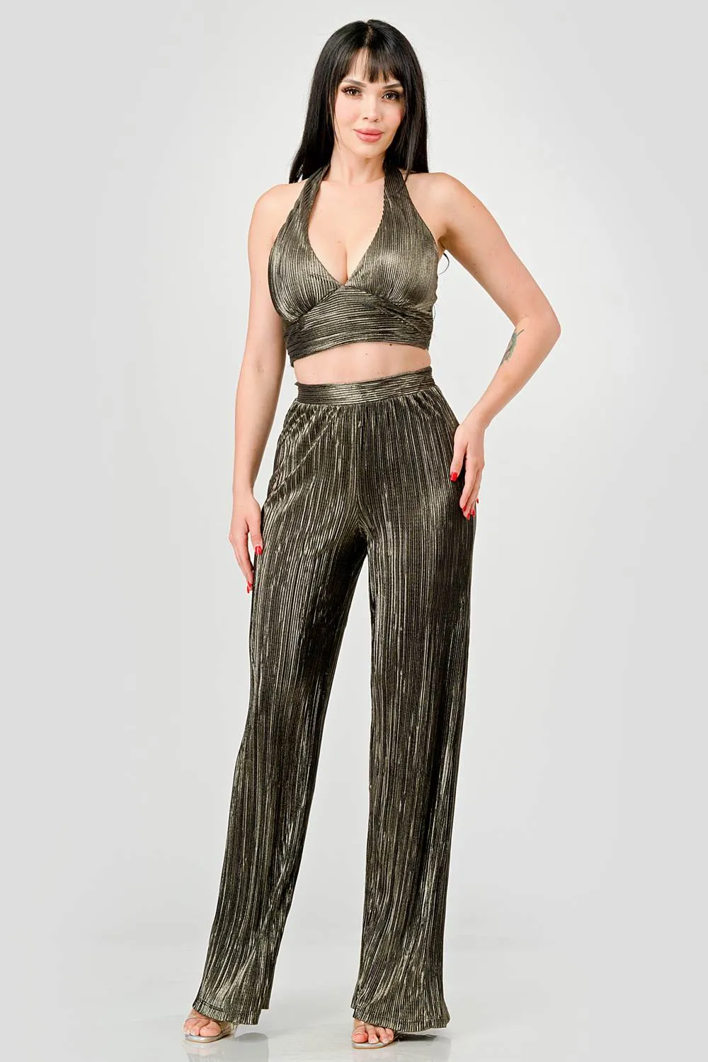 SEXY METALLIC LUREX HALTER TANK TOP & PANTS SET sold by privy