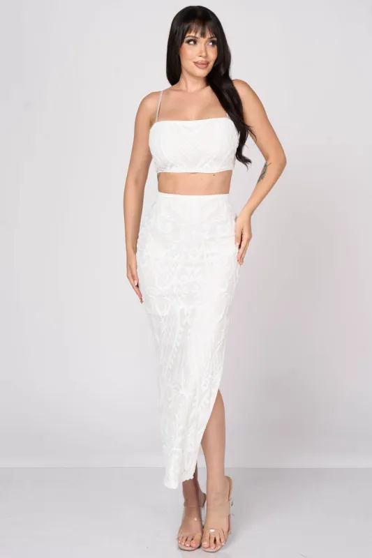 LUXE SEQUINS PATTERN CROPPED TOP & MIDI SKIRT SETS sold by privy