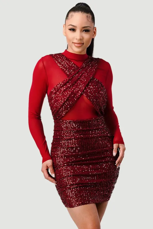 PD75821B / SEQUINS CRISSCROSS HALTER SHEER GLITTER MINI DRESS sold by privy