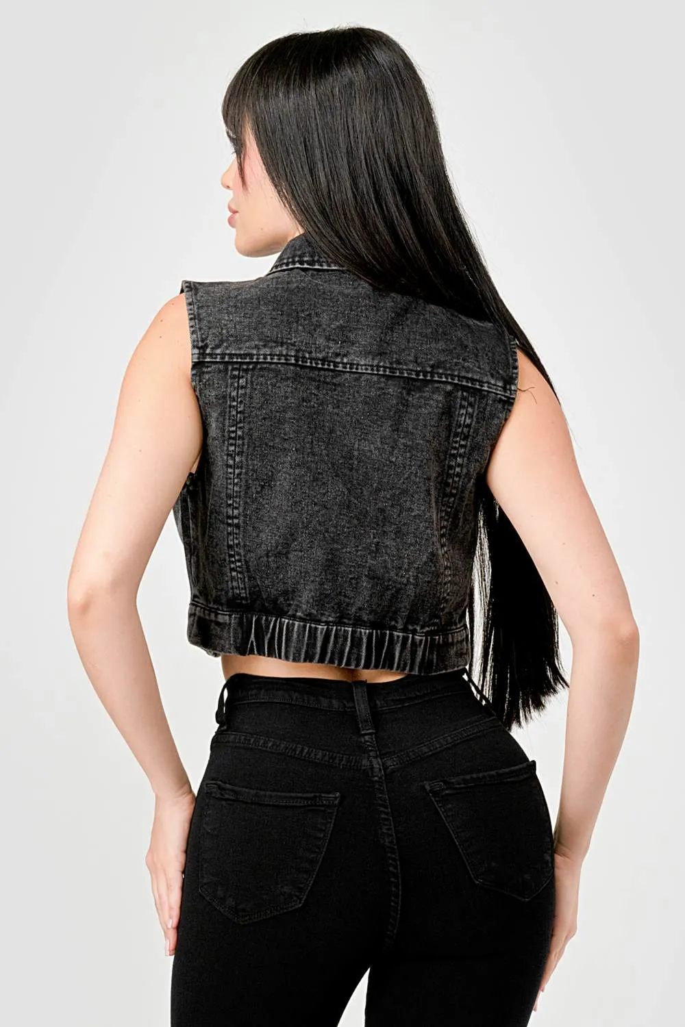 BLACK WASHED DENIM BUTTON DOWN CROPPED VEST JACKET sold by privy product image thumbnail 4