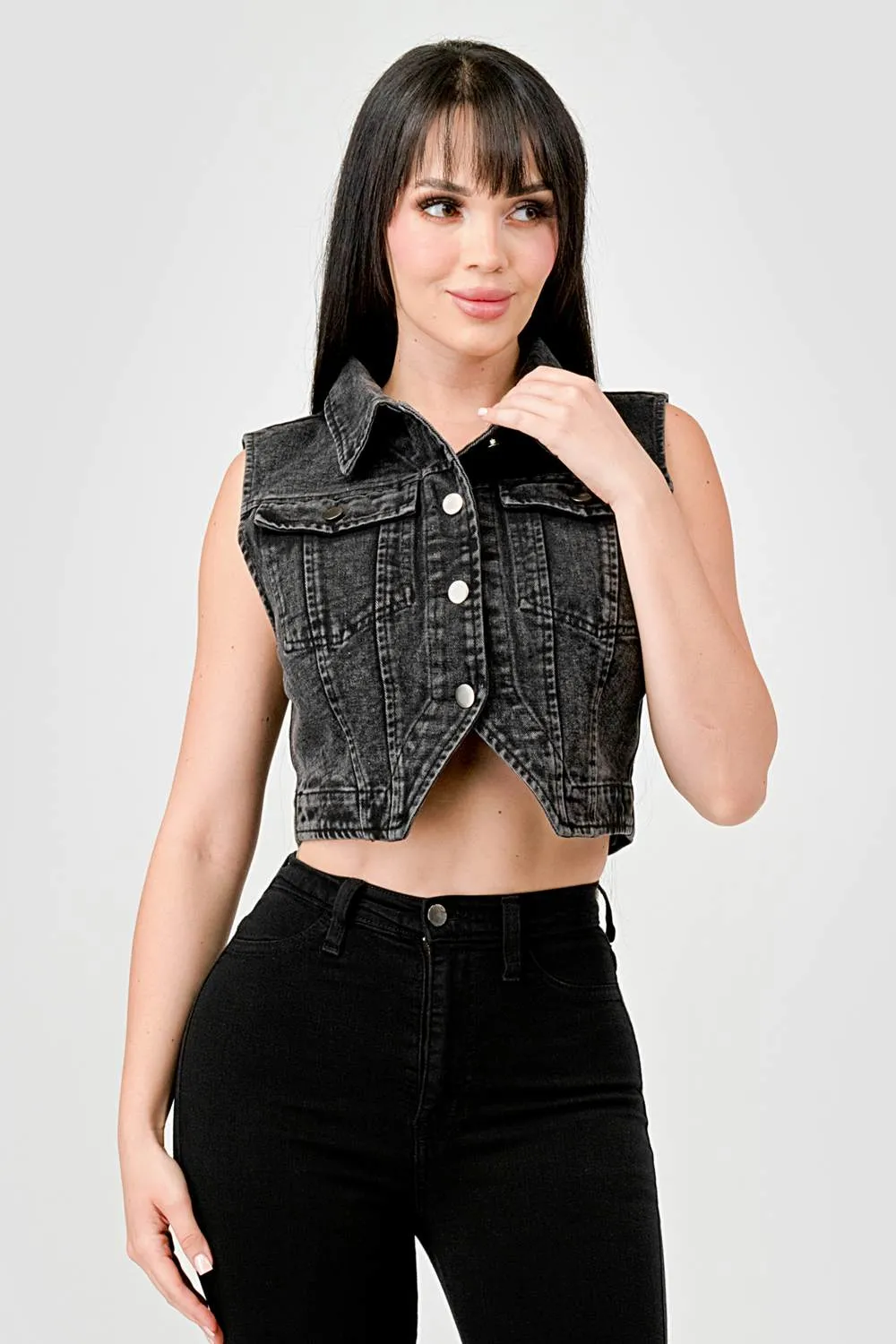 BLACK WASHED DENIM BUTTON DOWN CROPPED VEST JACKET sold by privy