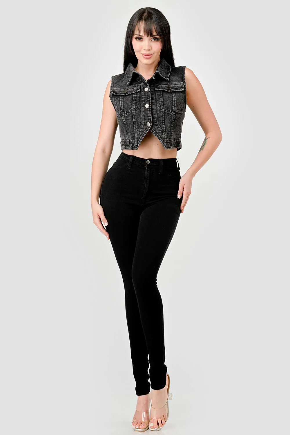 BLACK WASHED DENIM BUTTON DOWN CROPPED VEST JACKET sold by privy product image thumbnail 5
