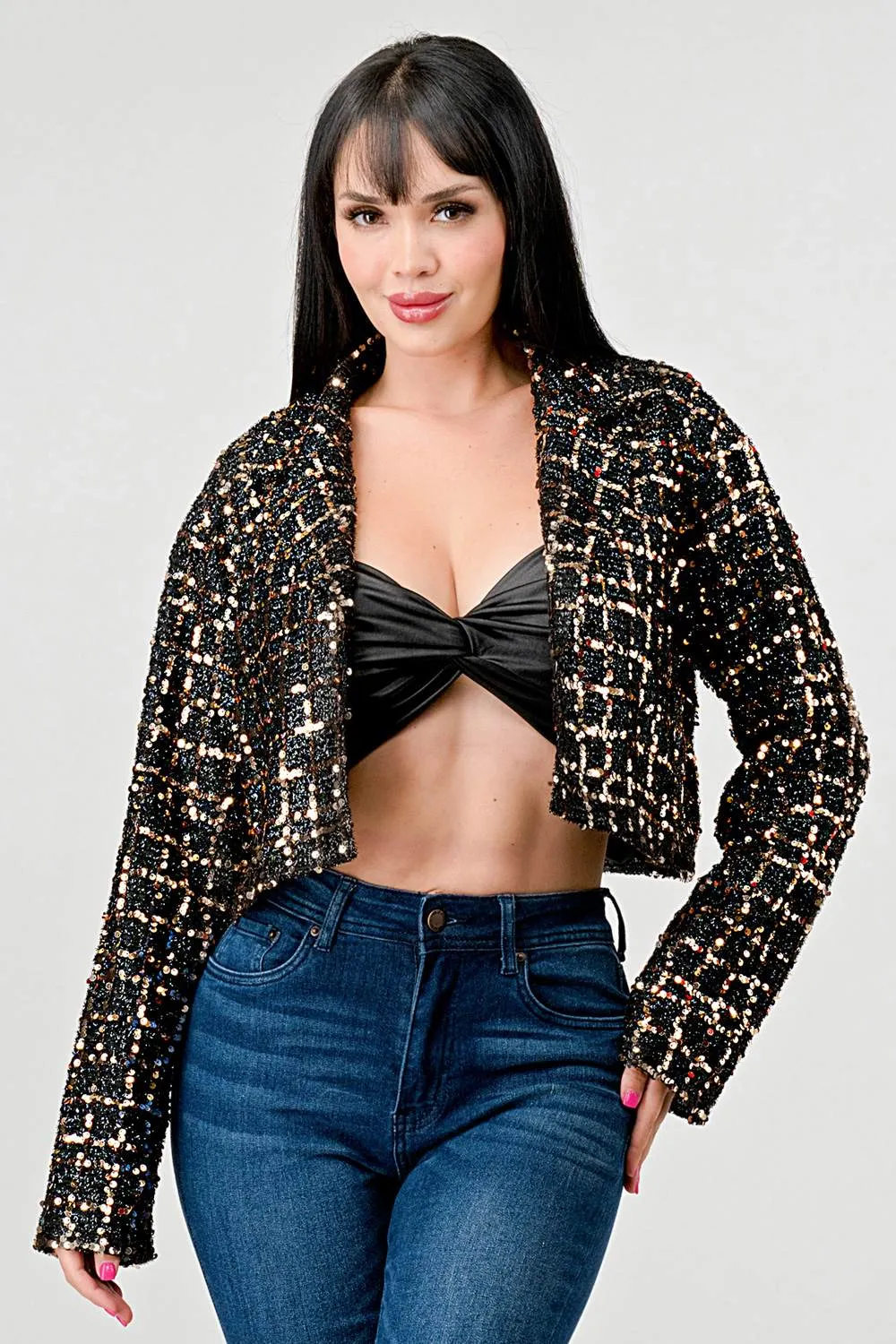 LUXE SEQUINS TWEED CROPPED BLAZER JACKET sold by privy