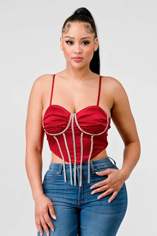 LUXE SATIN SWEETHEART RHINESTONE FRINGE BUSTIER sold by privy