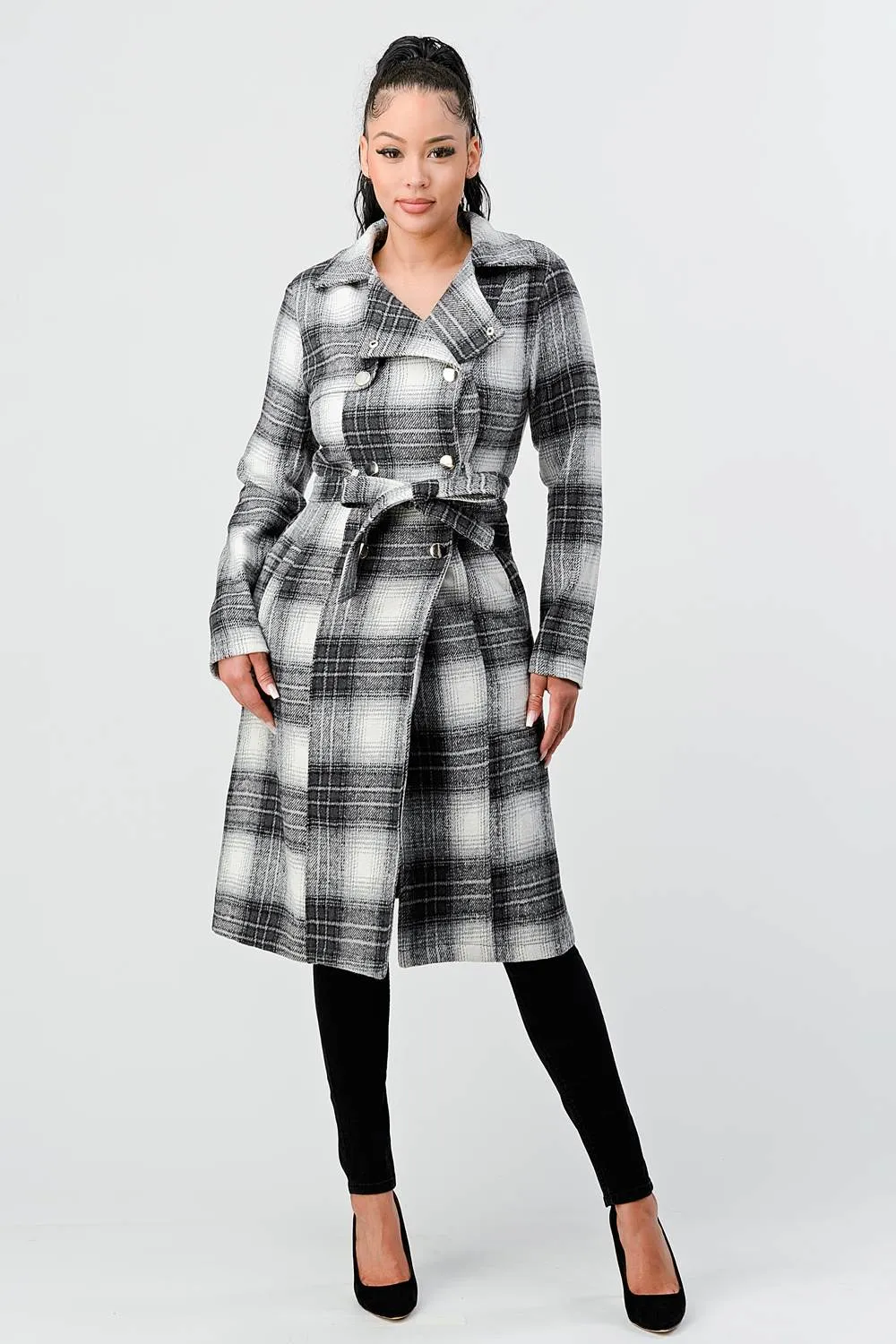 PLAID DOUBLE BUTTON WAIST TIE LONG COAT sold by privy product image thumbnail 4