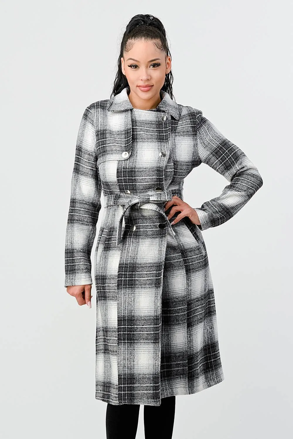 PLAID DOUBLE BUTTON WAIST TIE LONG COAT sold by privy