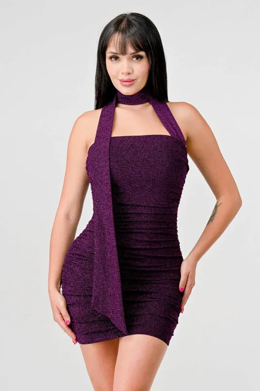 LUXE LUREX KNIT GLITTER SCARF NECK TUBE MINI DRESS sold by privy