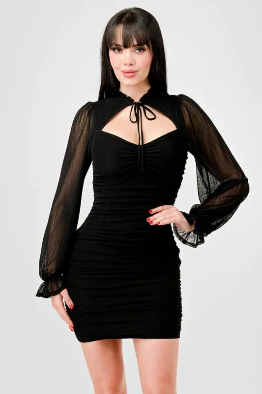 ROMANTIC MESH CUT-OUT SWEETHEART RUCHED MINI DRESS sold by privy