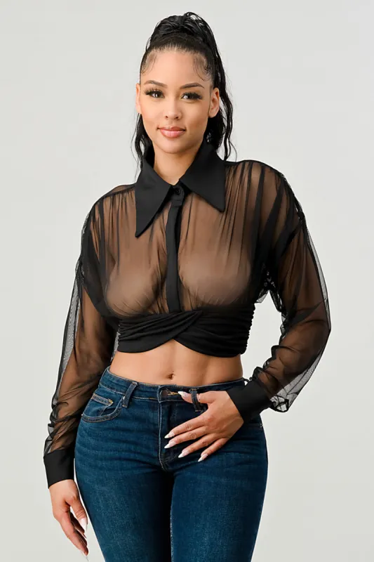 LUX SEE-THRU MESH TWIST WAIST CROPPED TOP sold by privy