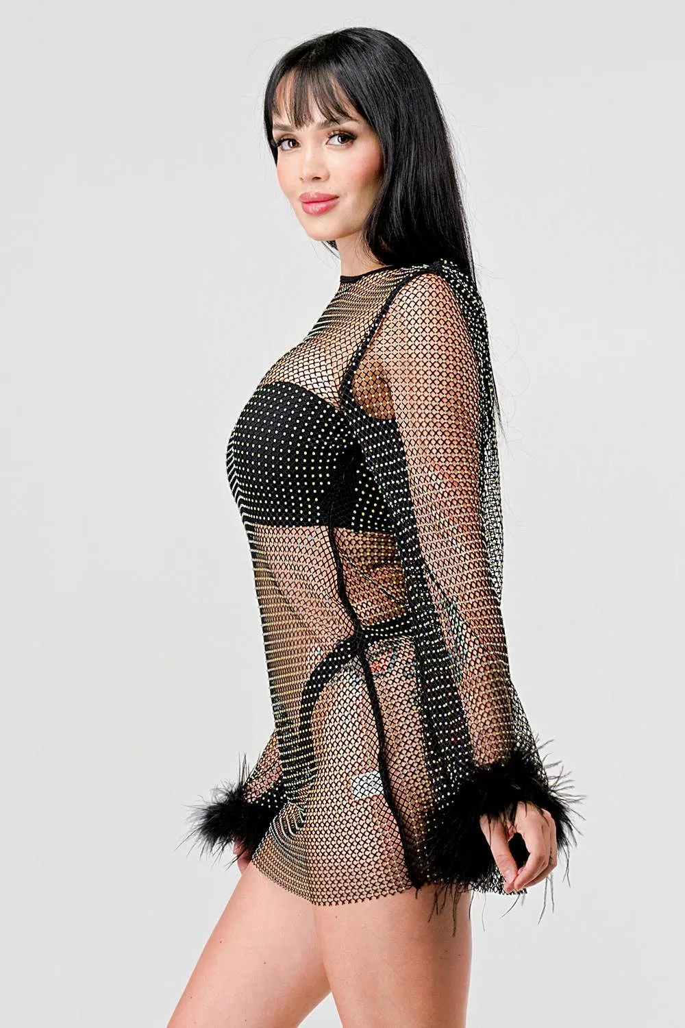 SEXY SEE-THRU RHINESTONE FISHNET FUR MINI DRESS sold by privy product image thumbnail 3