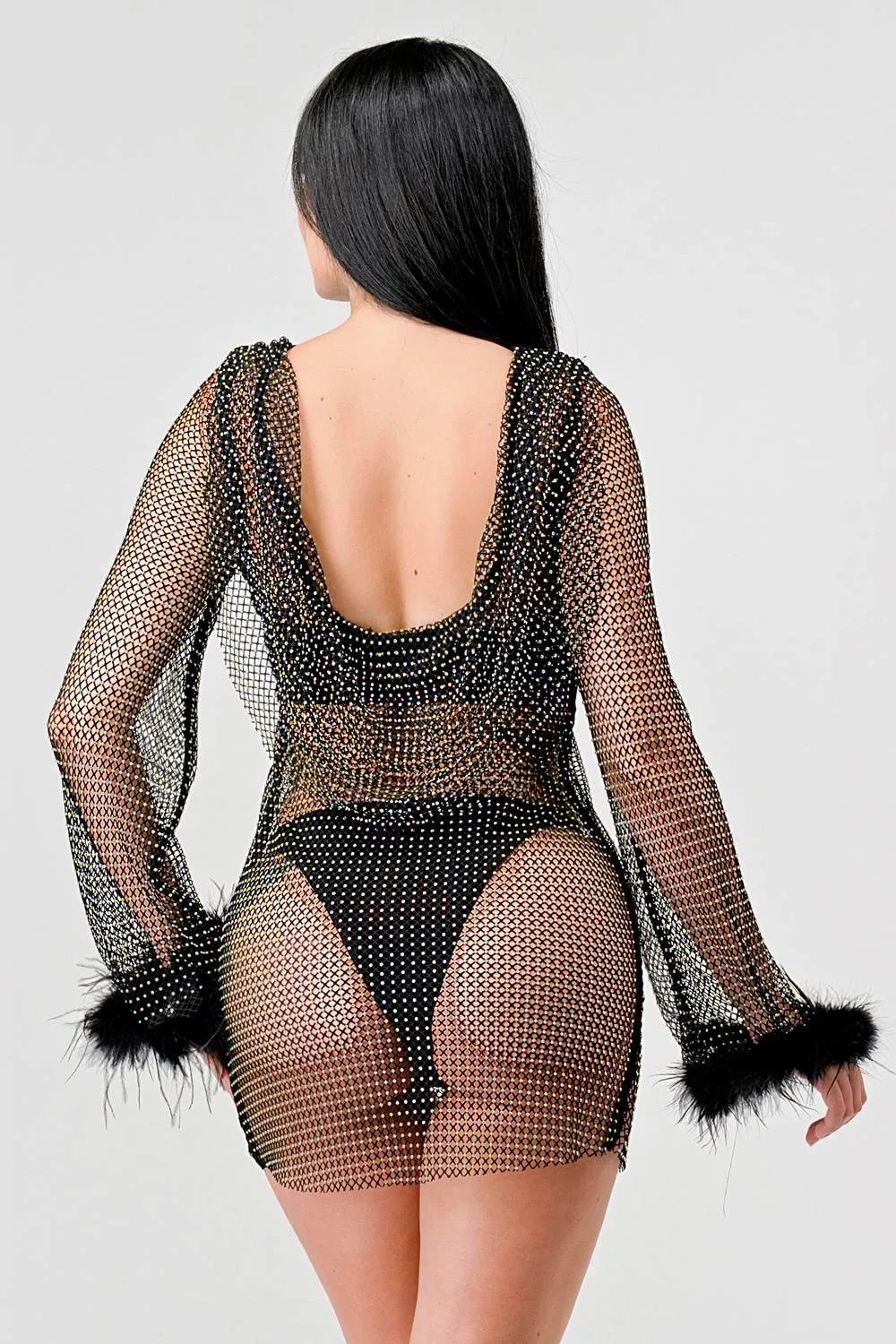 SEXY SEE-THRU RHINESTONE FISHNET FUR MINI DRESS sold by privy product image thumbnail 4